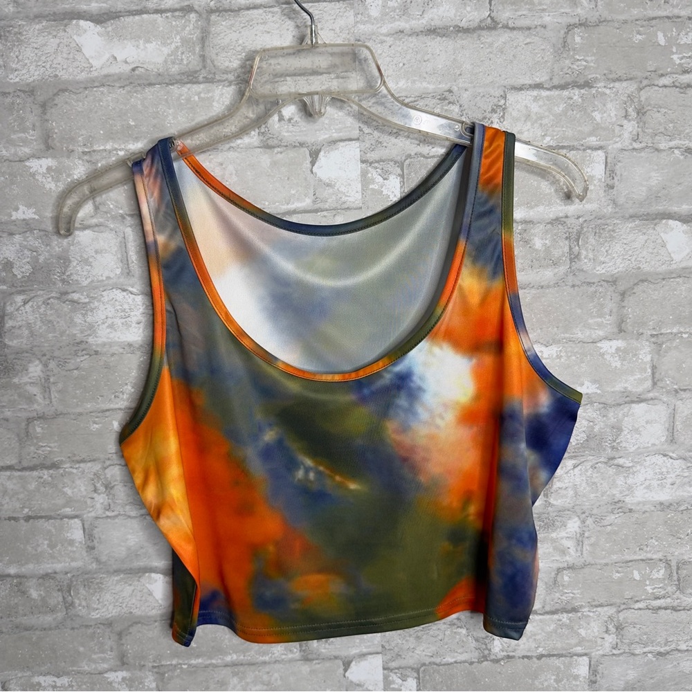 Orange and blue tie dye crop top and skirt set
